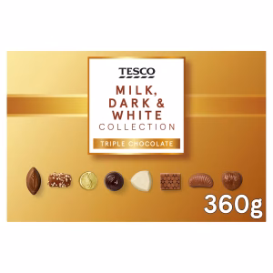 tesco collection milk, dark & white chocolate 360g